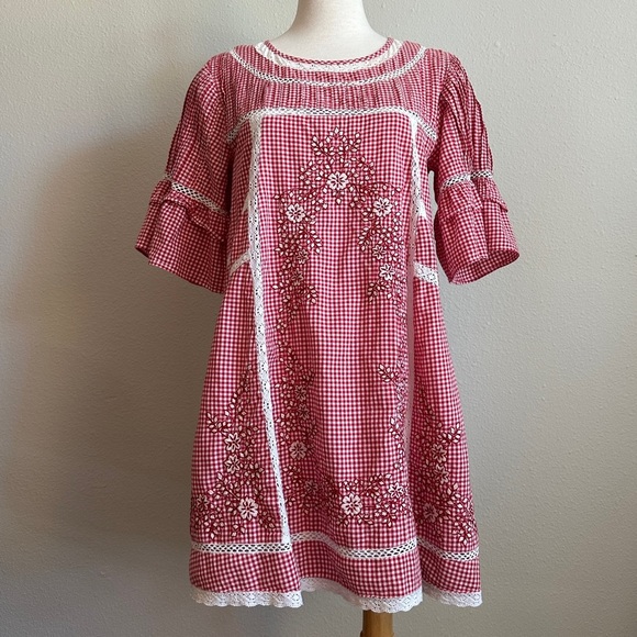 Free People Dresses & Skirts - Free People Sunny Day Embroidered Red Gingham Shift Dress with Short Sleeves